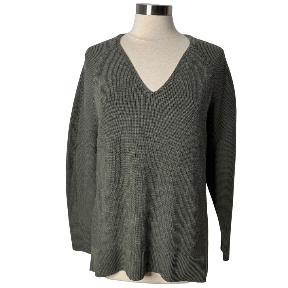 Athleta Hanover V-Neck Knit Sweater Olive Green Merino Wool Blend Womens Large